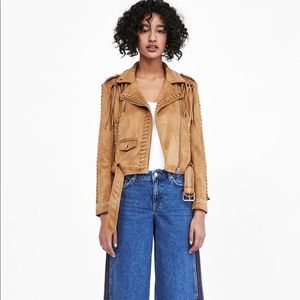 ZARA BROWN SUEDE FRINGE BIKER JACKET STUD DETAIL
